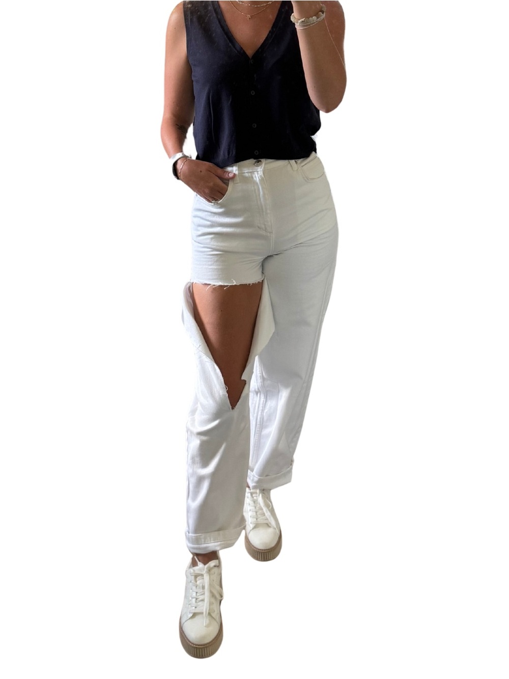 Topshop Baggy White Barrel Leg Distressed Cutout Jeans W26 L32